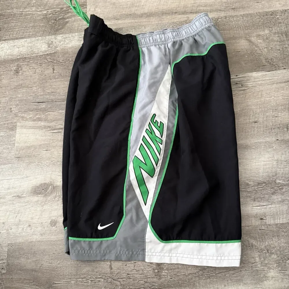 NIKE Board Shorts Mens Sz XXL Black Gray w Mesh Brief Pockets Swim Elastic Waist